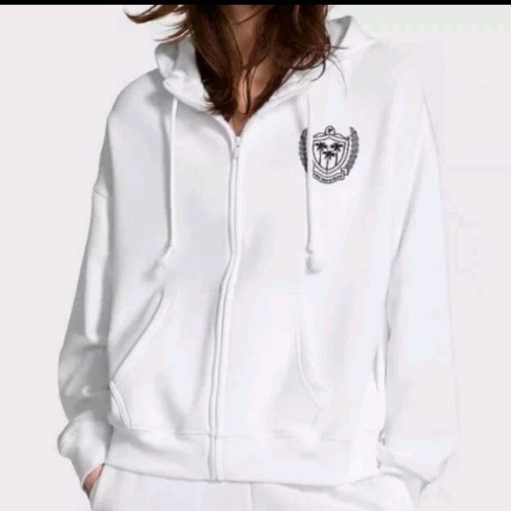 Victoria's Secret Pink Ivy Fleece Campus Full-Zip Hoodie in white NWT Sz XL